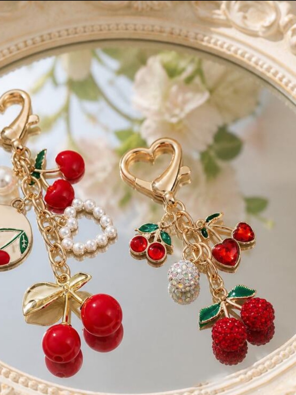 Gold Cherry Charm bag charm/ Keychain with Red and Green Accents